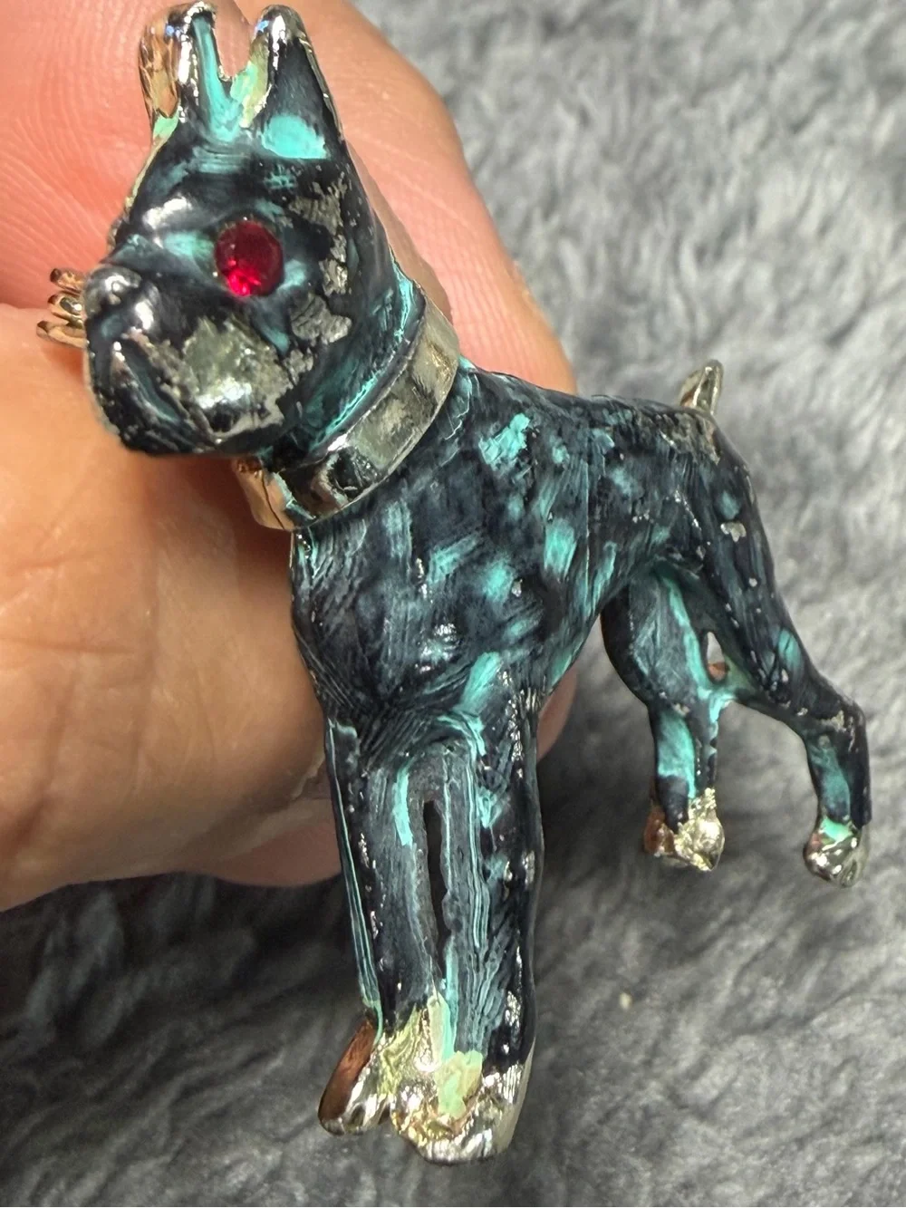 Vintage Boston Terrier Dog Brooch Pin Black Turquoise Marbled Enamel